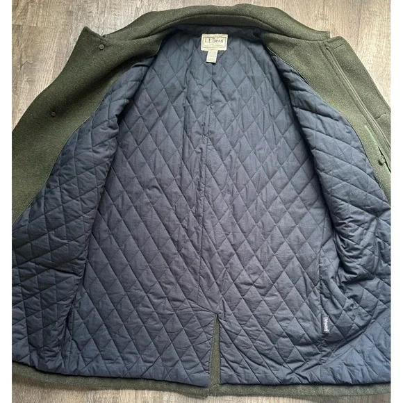 LL Bean 100% Wool Coat Quilted Lining Insulated Zip Mens XL Tall Green - Picture 4 of 8
